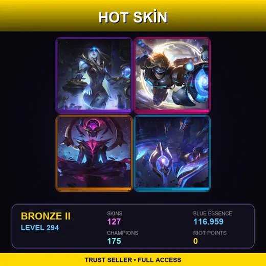SG | Star Guardian Seraphine | Spirit Blossom Yorick | Battle Academia Leona | Blood Moon Tryndamere | 127 Skin | 175 Champ | Bronze II | Lv294