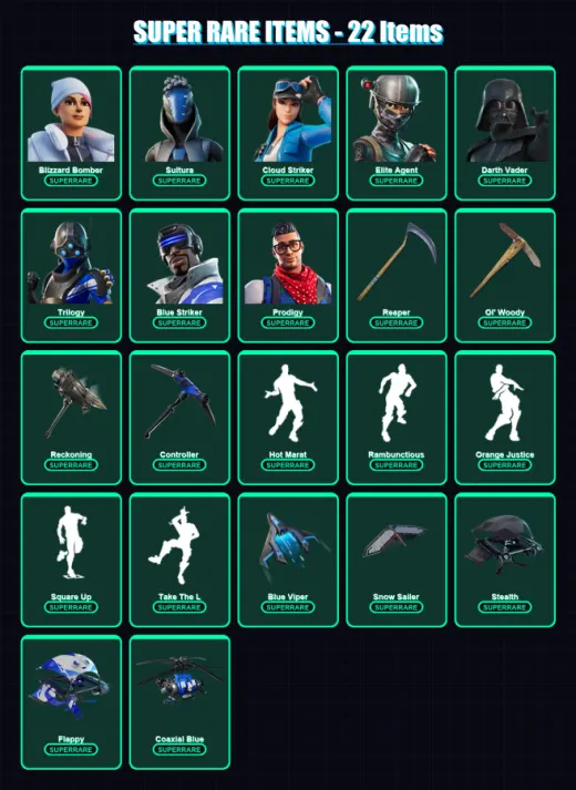 [PS4/PS5/XBOX/PC] | Blizzard Bomber | Sultura | Cloud Striker | Elite Agent | Darth Vader | 222 skin | 217 pickaxe | 188 emote | 186 glider | Lv2514