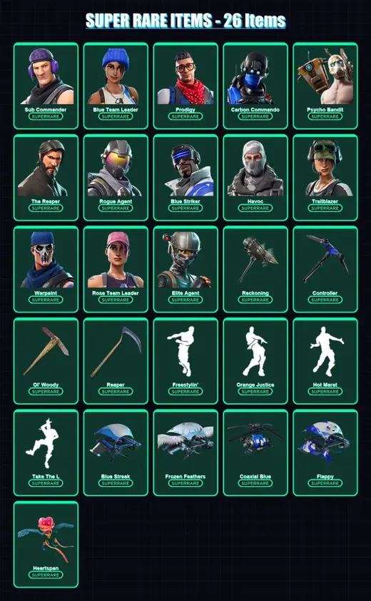 [PC/XBOX] | Sub Commander | Blue Team Leader | Prodigy | Carbon Commando | Psycho Bandit | 116 skin | 68 pickaxe | 66 emote | 50 glider | Lv604