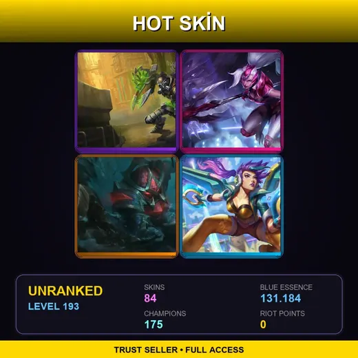 VN | Hextech Singed | Challenger Nidalee | Conqueror Nautilus | Cosmic Defender Xin Zhao | 84 Skin | 175 Champ | Lv193