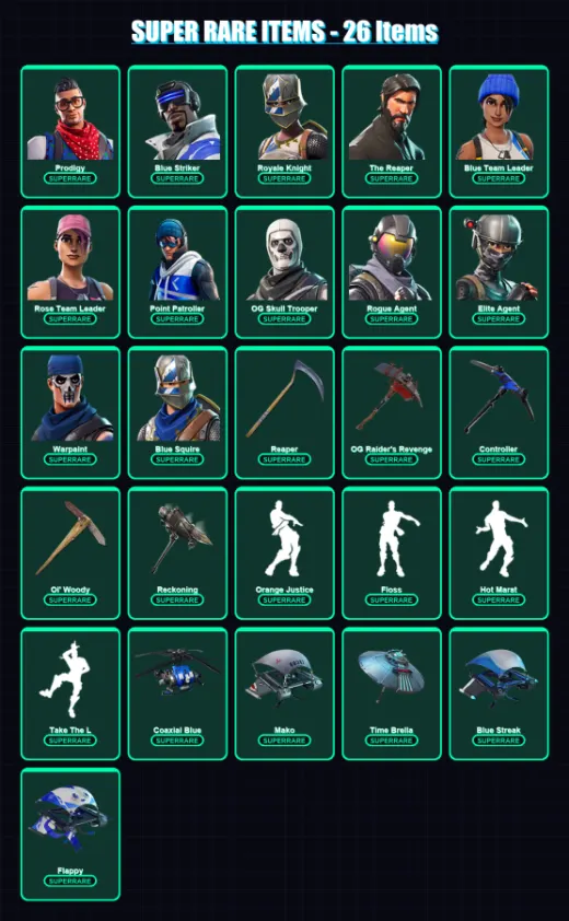 [PS4/PS5/XBOX/PC] | Prodigy | Blue Striker | Royale Knight | The Reaper | Blue Team Leader | 140 skin | 108 pickaxe | 103 emote | 112 glider | Lv137