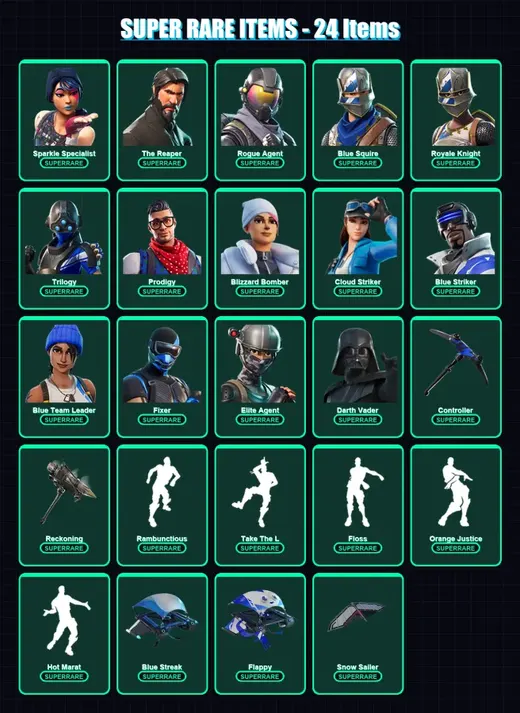 [PC] | Sparkle Specialist | The Reaper | Rogue Agent | Blue Squire | Royale Knight | 108 skin | 82 pickaxe | 117 emote | 87 glider | Lv1287