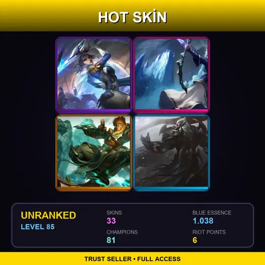 LAS | Pulsefire Fiora | Queen Ashe | Jade Dragon Wukong | God-King Darius | 33 Skin | 81 Champ | Lv85 — Fnatic Corki