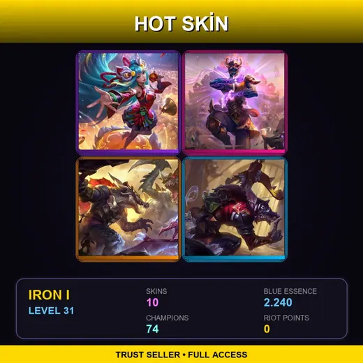 EUNE | Firecracker Seraphine | Three Honors Malzahar | Prehistoric Anivia | Medieval Twitch | 10 Skin | 74 Champ | Iron I | Lv31 — Three Honors Shen