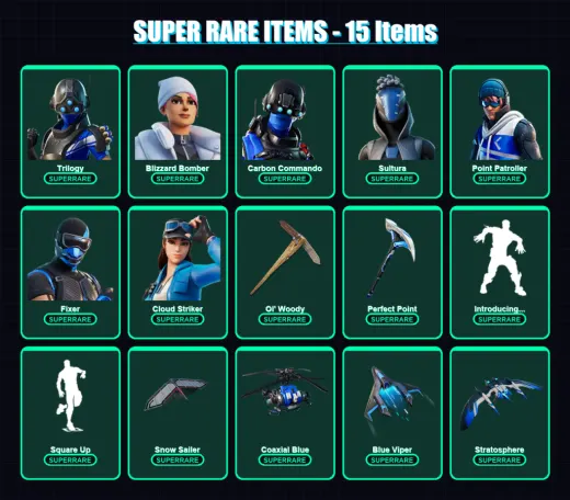 [PS4/PS5/XBOX/PC] | Trilogy | Blizzard Bomber | Carbon Commando | Sultura | Point Patroller | 92 skin | 99 pickaxe | 92 emote | 86 glider | Lv1189