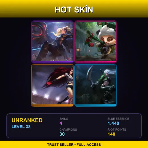 EUW | Riot Kayle | Panda Teemo | Red Card Katarina | Mercenary Katarina | 4 Skin | 30 Champ | Lv38