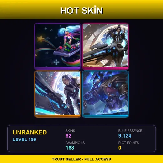 VN | Cosmic Paladin Nautilus | Battle Academia Katarina | Spirit Blossom Kindred | High Noon Ashe | 62 Skin | 168 Champ | Lv199