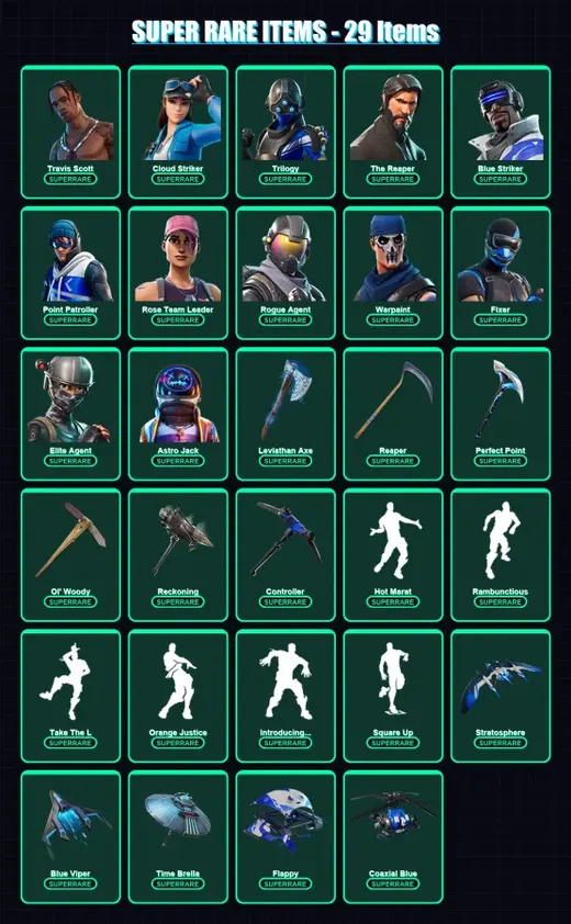 [PC/XBOX/PSN] | Travis Scott | Cloud Striker | Trilogy | The Reaper | Blue Striker | 439 skin | 383 pickaxe | 363 emote | 257 glider | Lv7986