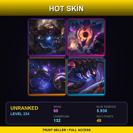 EUNE | Hextech Galio | Blood Moon Master Yi | Dark Star Malphite | Dark Star Orianna | 60 Skin | 132 Champ | Lv224
