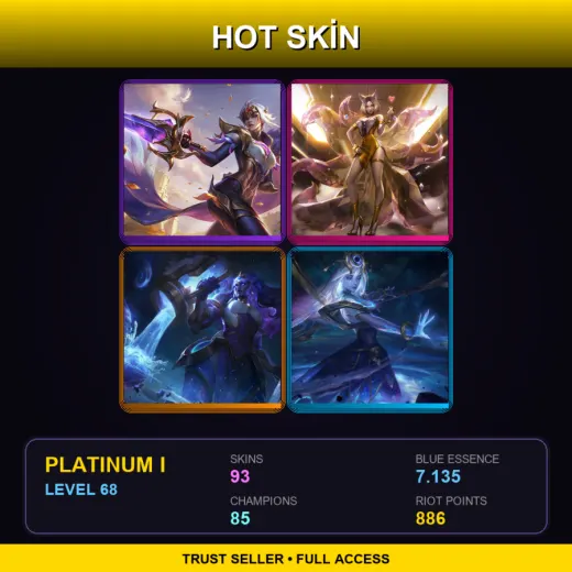 EUW | Victorious Fiora | Prestige K/DA Ahri | Cosmic Invoker Illaoi | Cosmic Lux | 93 Skin | 85 Champ | Platinum I | Lv68