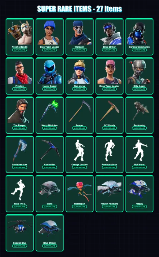 [PC/XBOX] | Psycho Bandit | Blue Team Leader | Warpaint | Blue Striker | Carbon Commando | 177 skin | 183 pickaxe | 145 emote | 159 glider | Lv2514