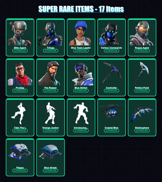 [PS4/PS5/XBOX/PC] | Elite Agent | Trilogy | Blue Team Leader | Carbon Commando | Rogue Agent | 45 skin | 33 pickaxe | 55 emote | 47 glider | Lv645