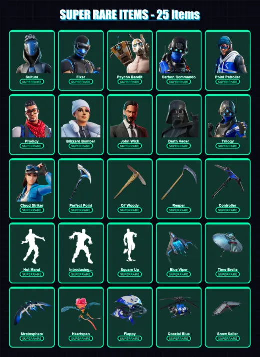 [PC/XBOX] | Sultura | Fixer | Psycho Bandit | Carbon Commando | Point Patroller | 297 skin | 340 pickaxe | 216 emote | 211 glider | Lv1910