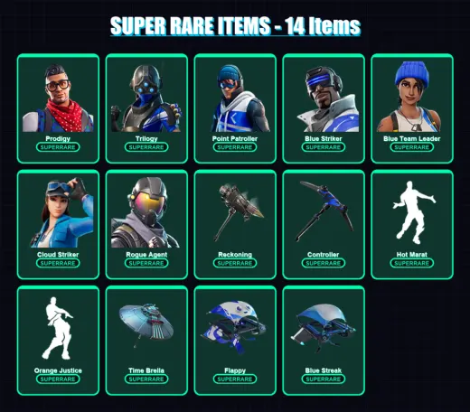 [PS4/PS5/XBOX/PC] | Prodigy | Trilogy | Point Patroller | Blue Striker | Blue Team Leader | 105 skin | 105 pickaxe | 100 emote | 120 glider | Lv1647