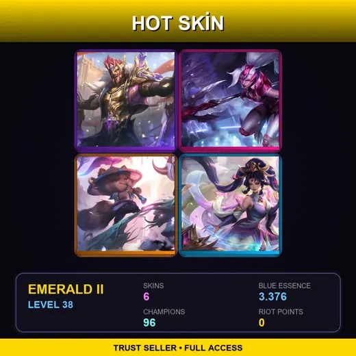 VN | Victorious Draven | Challenger Nidalee | Spirit Blossom Teemo | Immortal Journey Sona | 6 Skin | 96 Champ | Emerald II | Lv38