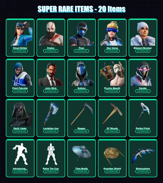 [PS4/PS5/XBOX/PC] | Cloud Striker | Kratos | Fixer | Neo Versa | Blizzard Bomber | 195 skin | 207 pickaxe | 151 emote | 182 glider | Lv2407