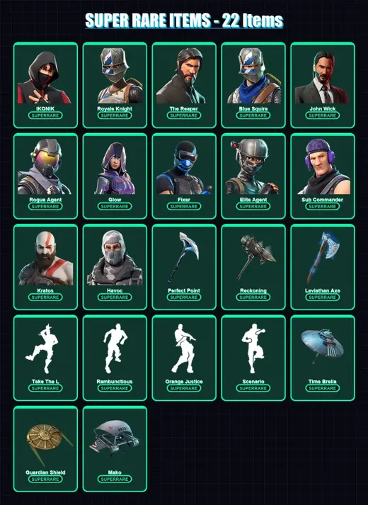 [PC] | IKONIK | Royale Knight | The Reaper | Blue Squire | John Wick | 104 skin | 103 pickaxe | 119 emote | 94 glider | Lv1227