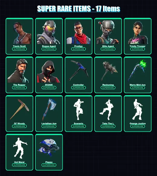 [PC/XBOX/PSN] | Travis Scott | Rogue Agent | Prodigy | Elite Agent | Trinity Trooper | 138 skin | 111 pickaxe | 98 emote | 98 glider | Lv1589