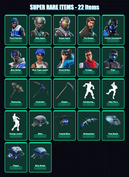 [PS4/PS5/XBOX/PC] | Point Patroller | Elite Agent | Rogue Agent | The Reaper | Carbon Commando | 47 skin | 36 pickaxe | 51 emote | 56 glider | Lv941