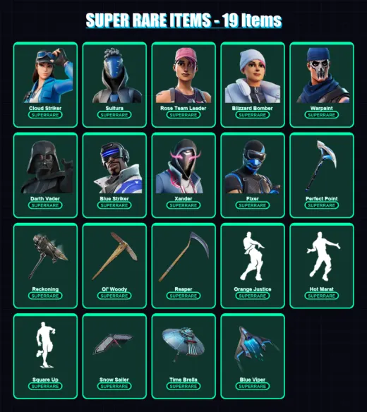 [PC/XBOX] | Cloud Striker | Sultura | Rose Team Leader | Blizzard Bomber | Warpaint | 178 skin | 222 pickaxe | 182 emote | 187 glider | Lv2917