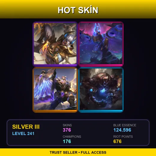EUW | Prestige Obsidian Dragon Sett | Cosmic Flight Anivia | Victorious Braum | Hextech Galio | 376 Skin | 176 Champ | Silver III | Lv241