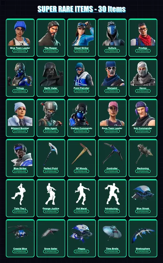 [PS4/PS5/XBOX/PC] | Blue Team Leader | The Reaper | Cloud Striker | Sultura | Prodigy | 229 skin | 229 pickaxe | 198 emote | 193 glider | Lv2377