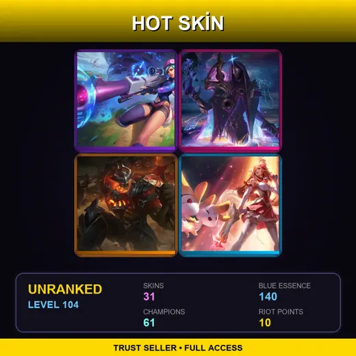 VN | High Noon Mordekaiser | Star Guardian Miss Fortune | High Noon Samira | High Noon Ashe | 31 Skin | 61 Champ | Lv104