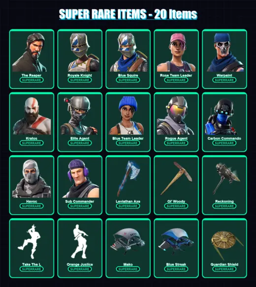 [PS4/PS5/XBOX/PC] | The Reaper | Royale Knight | Blue Squire | Rose Team Leader | Warpaint | 85 skin | 63 pickaxe | 65 emote | 68 glider | Lv852