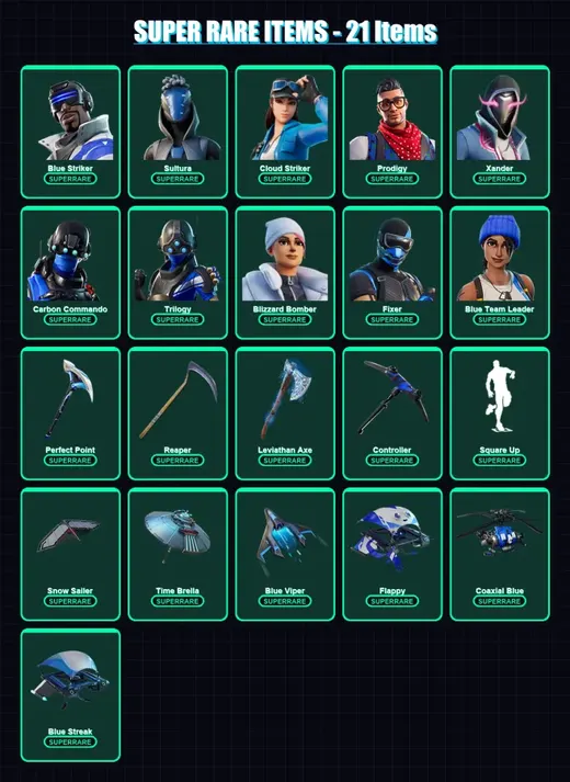 [PC/XBOX] | Blue Striker | Sultura | Cloud Striker | Prodigy | Xander | 101 skin | 120 pickaxe | 62 emote | 100 glider | Lv1495