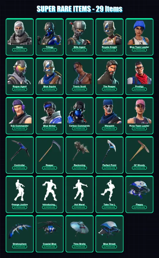 [PC] | Havoc | Trilogy | Elite Agent | Royale Knight | Blue Team Leader | 120 skin | 90 pickaxe | 103 emote | 91 glider | Lv1294