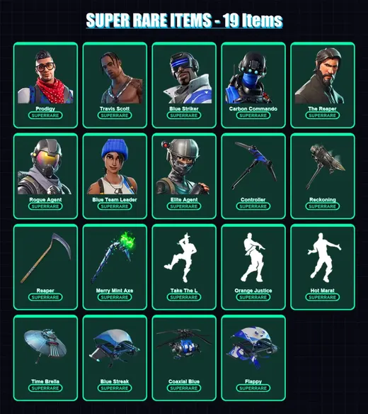 [PC/XBOX] | Prodigy | Travis Scott | Blue Striker | Carbon Commando | The Reaper | 125 skin | 98 pickaxe | 102 emote | 92 glider | Lv1598