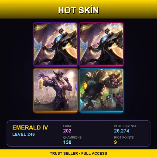 SG | Prestige Pulsefire Thresh (2022) | Prestige Pulsefire Thresh | Victorious Twisted Fate | 202 Skin | 130 Champ | Emerald IV | Lv246