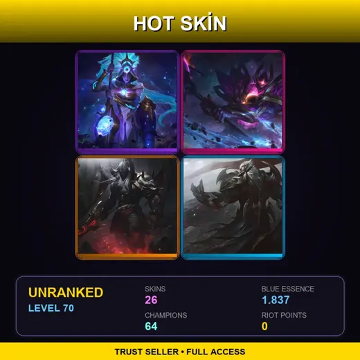 VN | Cosmic Huntress Nidalee | Dark Star Mordekaiser | Blood Moon Aatrox | God-King Darius | 26 Skin | 64 Champ | Lv70