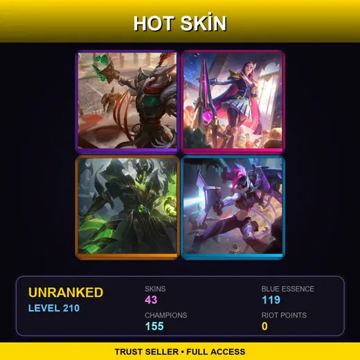 LAS | Battle Academia Caitlyn | PROJECT: Jinx | PROJECT: Warwick | PROJECT: Mordekaiser | 43 Skin | 155 Champ | Lv210 — Soul Fighter Jhin