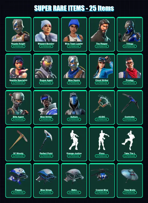 [PS4/PS5/XBOX/PC] | Royale Knight | Blizzard Bomber | Blue Team Leader | The Reaper | Trilogy | 84 skin | 95 pickaxe | 79 emote | 98 glider | Lv1310