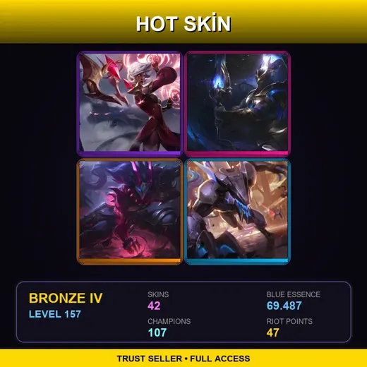LAS | Conqueror Karma | Cosmic Defender Xin Zhao | Blood Moon Tryndamere | PROJECT: Warwick | 42 Skin | 107 Champ | Bronze IV | Lv157
