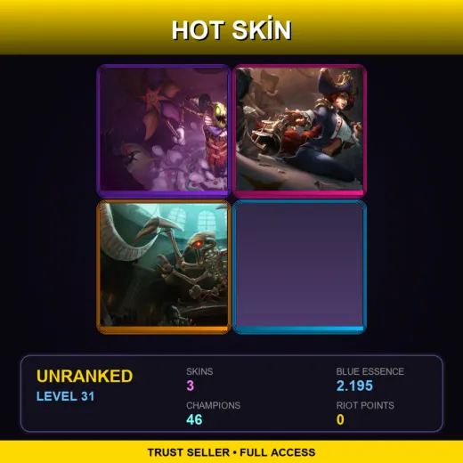 VN | Surprise Party Fiddlesticks | Waterloo Miss Fortune | Jurassic Cho'Gath | 3 Skin | 46 Champ | Lv31