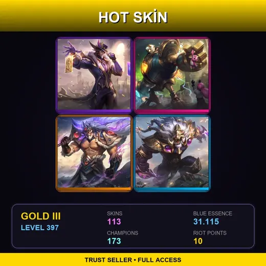 LAS | Victorious Twisted Fate | Victorious Blitzcrank | Victorious Tryndamere | Victorious Rengar | 113 Skin | 173 Champ | Gold III | Lv397 — Ruthless Pantheon