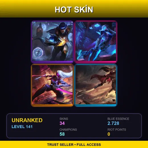 SG | Pulsefire Twisted Fate | PROJECT: Ashe | PROJECT: Katarina | High Noon Yasuo | 34 Skin | 58 Champ | Lv141 — Badlands Baron Rumble