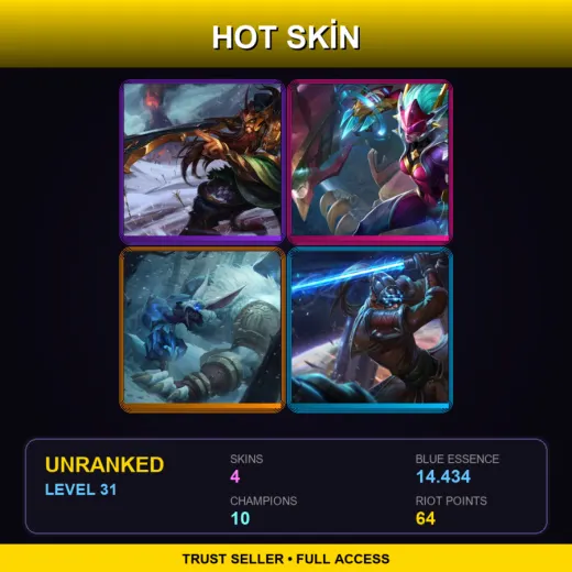 LAS | Warring Kingdoms Tryndamere | Super Galaxy Shyvana | Tundra Hunter Warwick | Chosen Master Yi | 4 Skin | 10 Champ | Lv31