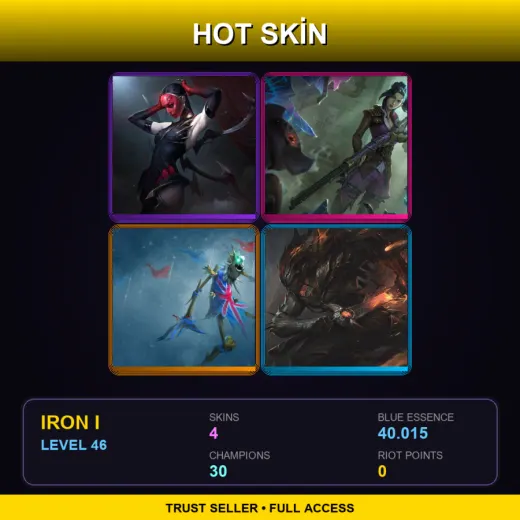 TR | Masque of the Black Rose Elise | Arcane Enforcer Caitlyn | Union Jack Fiddlesticks | Nightbringer Yasuo | 4 Skin | 30 Champ | Iron I | Lv46