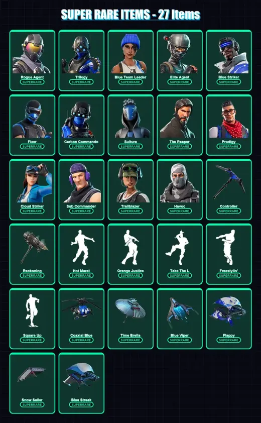 [PS4/PS5/XBOX/PC] | Rogue Agent | Trilogy | Blue Team Leader | Elite Agent | Blue Striker | 80 skin | 61 pickaxe | 64 emote | 66 glider | Lv802