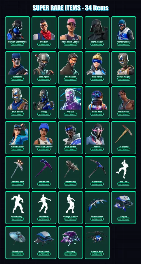 [PC/PSN] | Carbon Commando | Prodigy | Rose Team Leader | Darth Vader | Point Patroller | 183 skin | 168 pickaxe | 144 emote | 135 glider | Lv1469