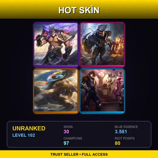 LAN | Victorious Tryndamere | PROJECT: Vi | Lunar Guardian Kha'Zix | King of Clubs Mordekaiser | 30 Skin | 97 Champ | Lv102 — Pentakill Iii Lost Chapter Karthus