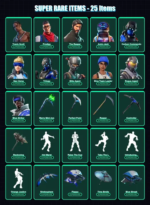 [PS4/PS5/XBOX/PC] | Travis Scott | Prodigy | The Reaper | Astro Jack | Carbon Commando | 136 skin | 120 pickaxe | 158 emote | 109 glider | Lv1627