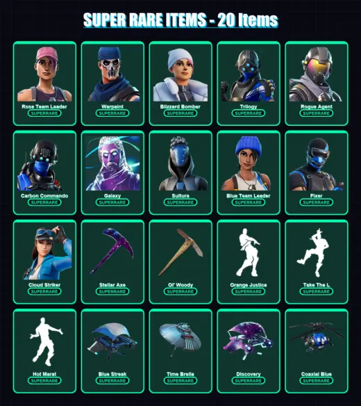 [PS4/PS5/XBOX/PC] | Rose Team Leader | Warpaint | Blizzard Bomber | Trilogy | Rogue Agent | 130 skin | 176 pickaxe | 134 emote | 153 glider | Lv2176