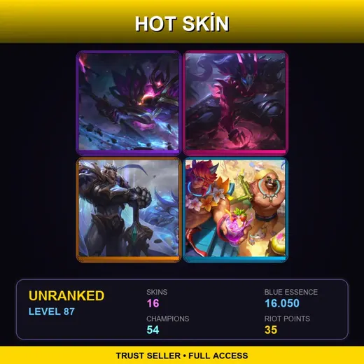RU | Dark Star Mordekaiser | Blood Moon Tryndamere | God-King Garen | Pool Party Braum | 16 Skin | 54 Champ | Lv87