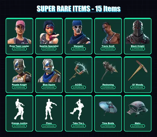 [PC/XBOX/PSN] | Rose Team Leader | Sparkle Specialist | Warpaint | Travis Scott | Black Knight | 84 skin | 78 pickaxe | 113 emote | 84 glider | Lv10