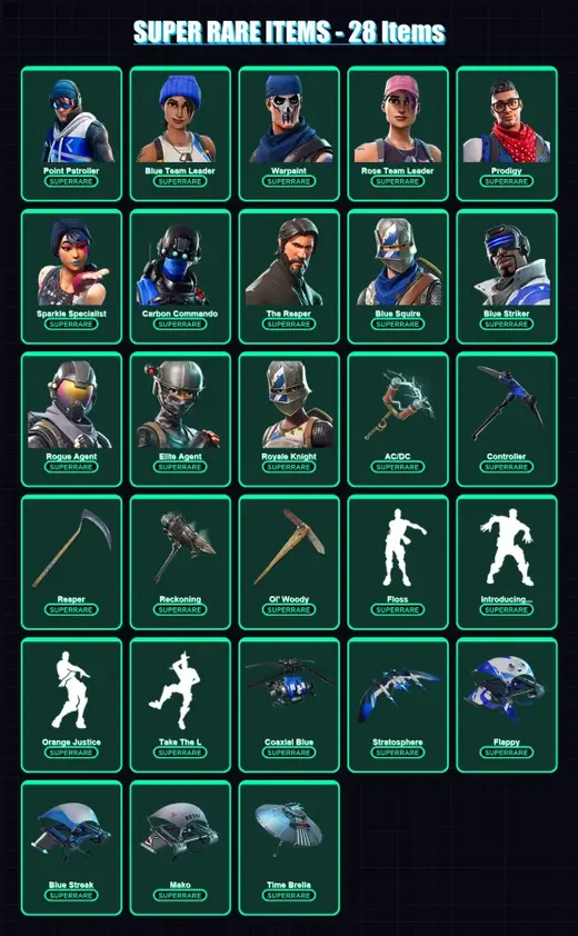 [PC] | Point Patroller | Blue Team Leader | Warpaint | Rose Team Leader | Prodigy | 102 skin | 89 pickaxe | 94 emote | 94 glider | Lv1329