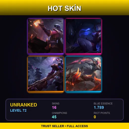 VN | Blood Moon Twisted Fate | Blood Moon Elise | Blood Moon Jhin | Dragonslayer Diana | 16 Skin | 45 Champ | Lv72